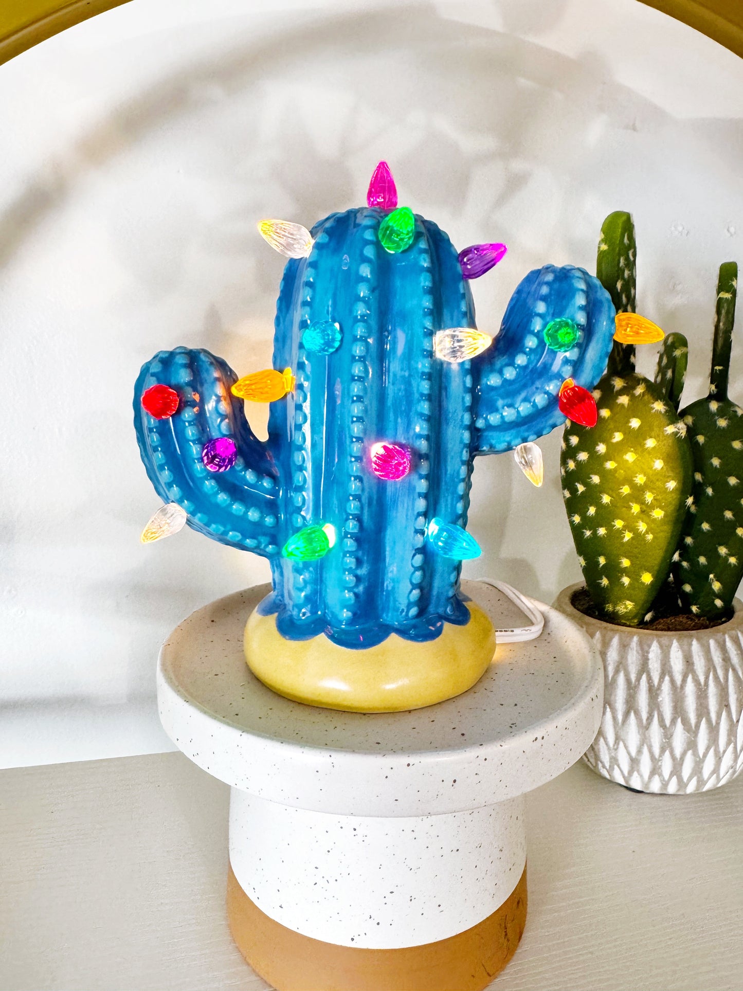 Bright Blue Baby Lighted Ceramic Cactus Tree