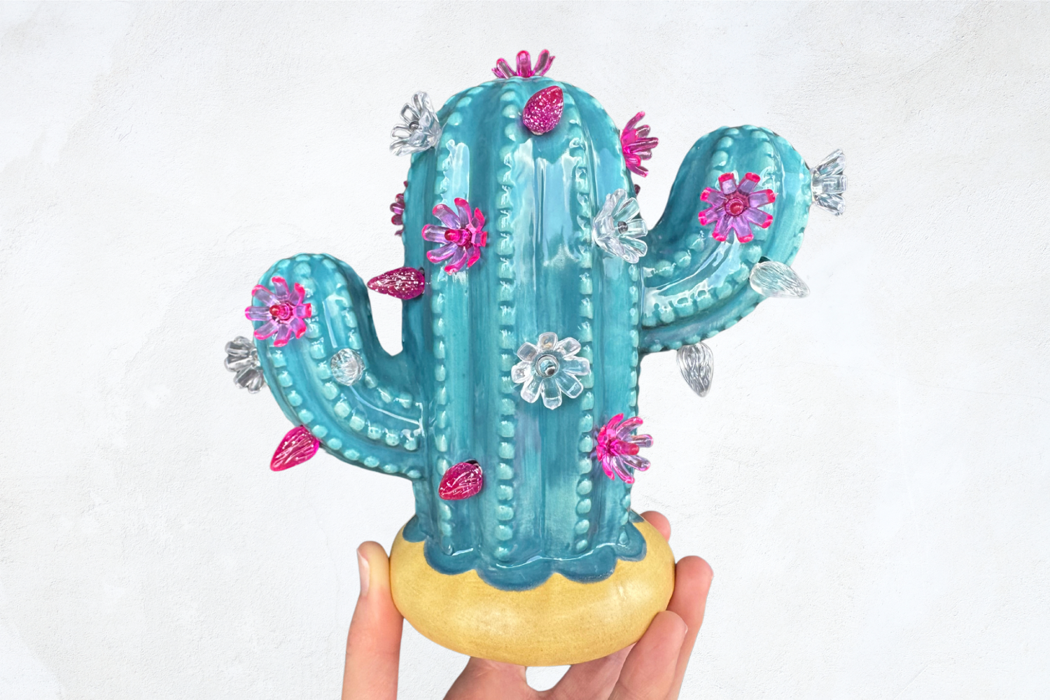 Teal Blue Baby Lighted Ceramic Cactus Tree