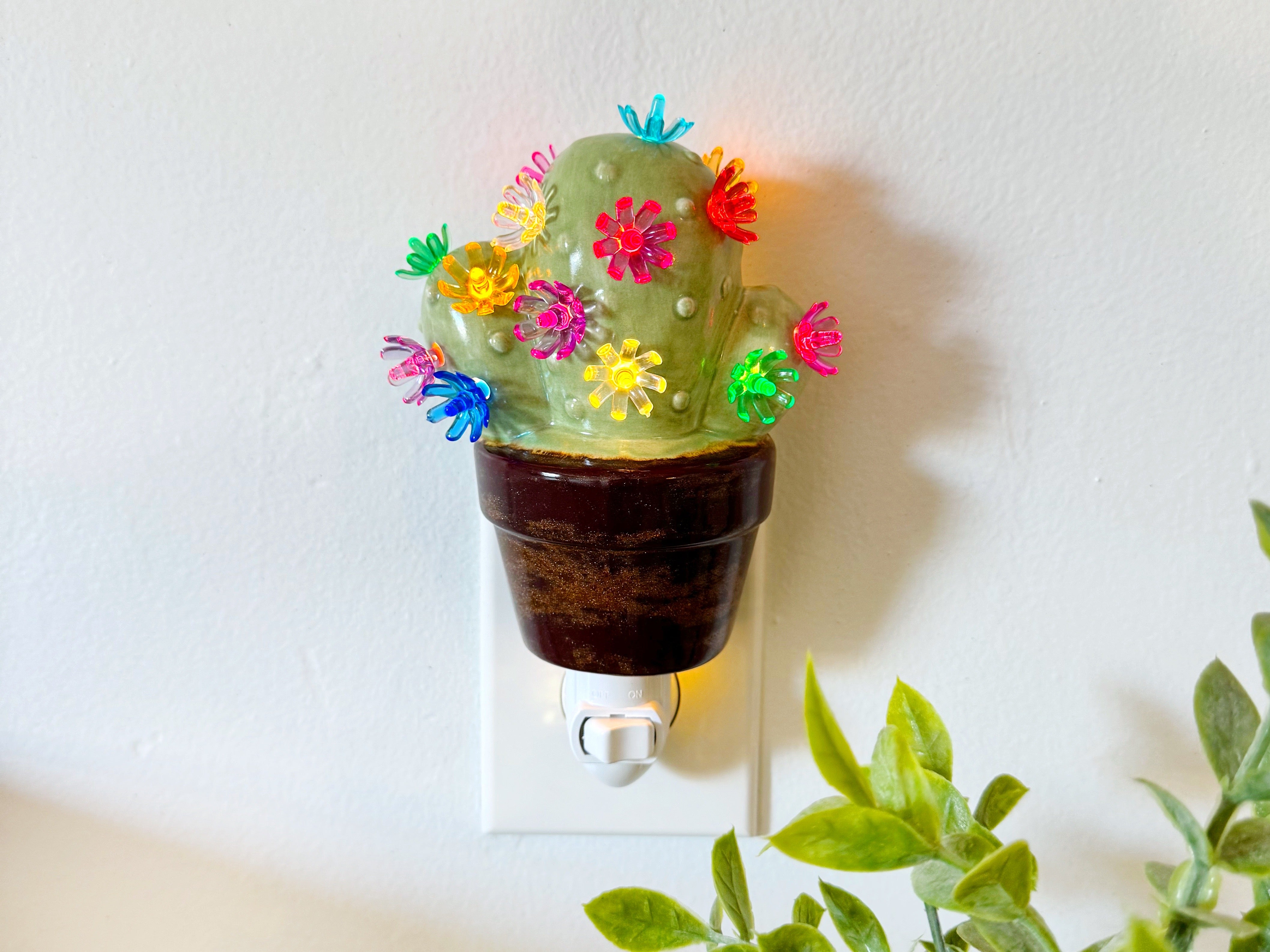 Sage Green Cactus Night Light with Copper – Brush Strokes Pottery