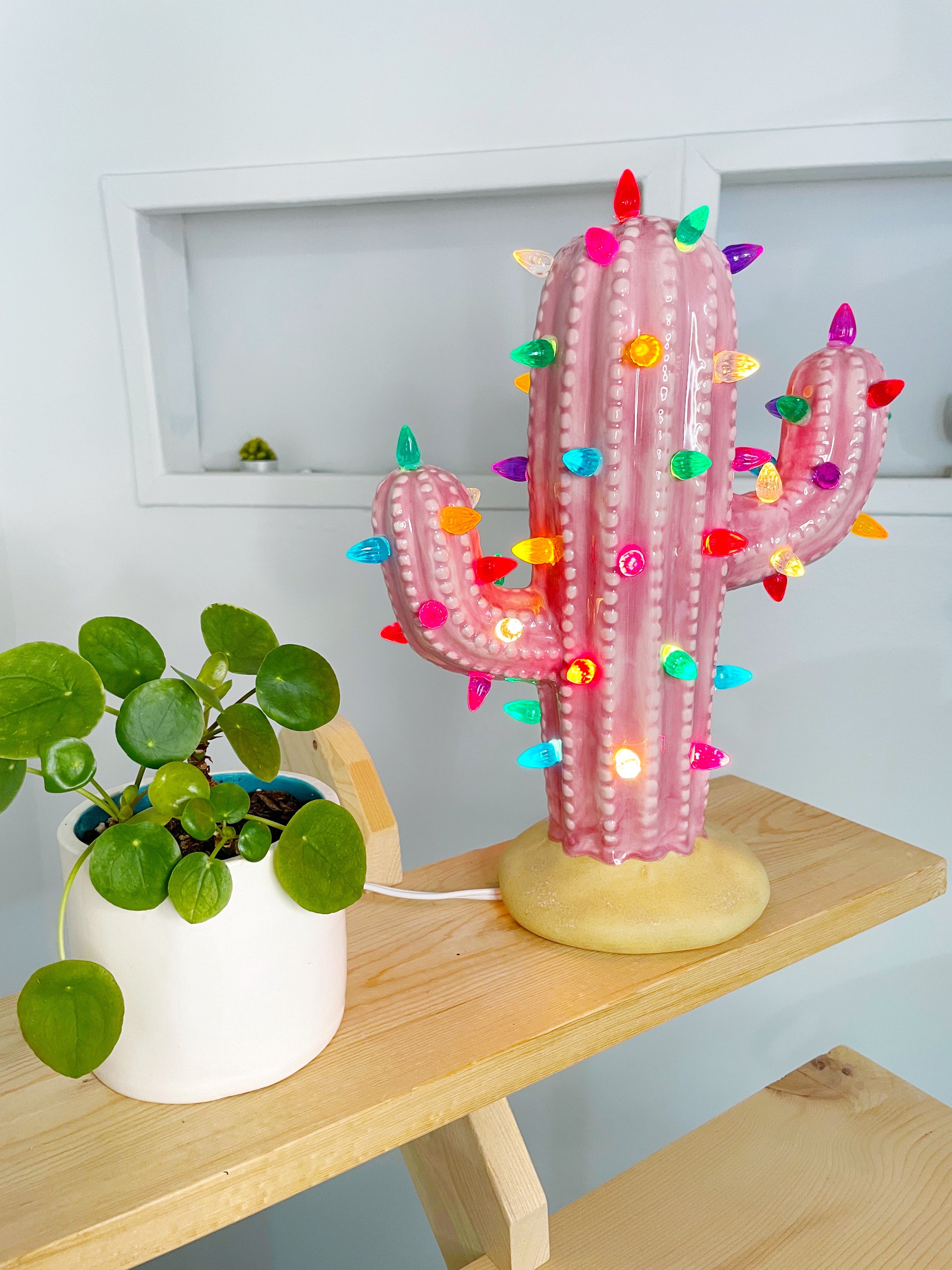 Pink Lighted Ceramic Cactus Tree – Brush Strokes Pottery