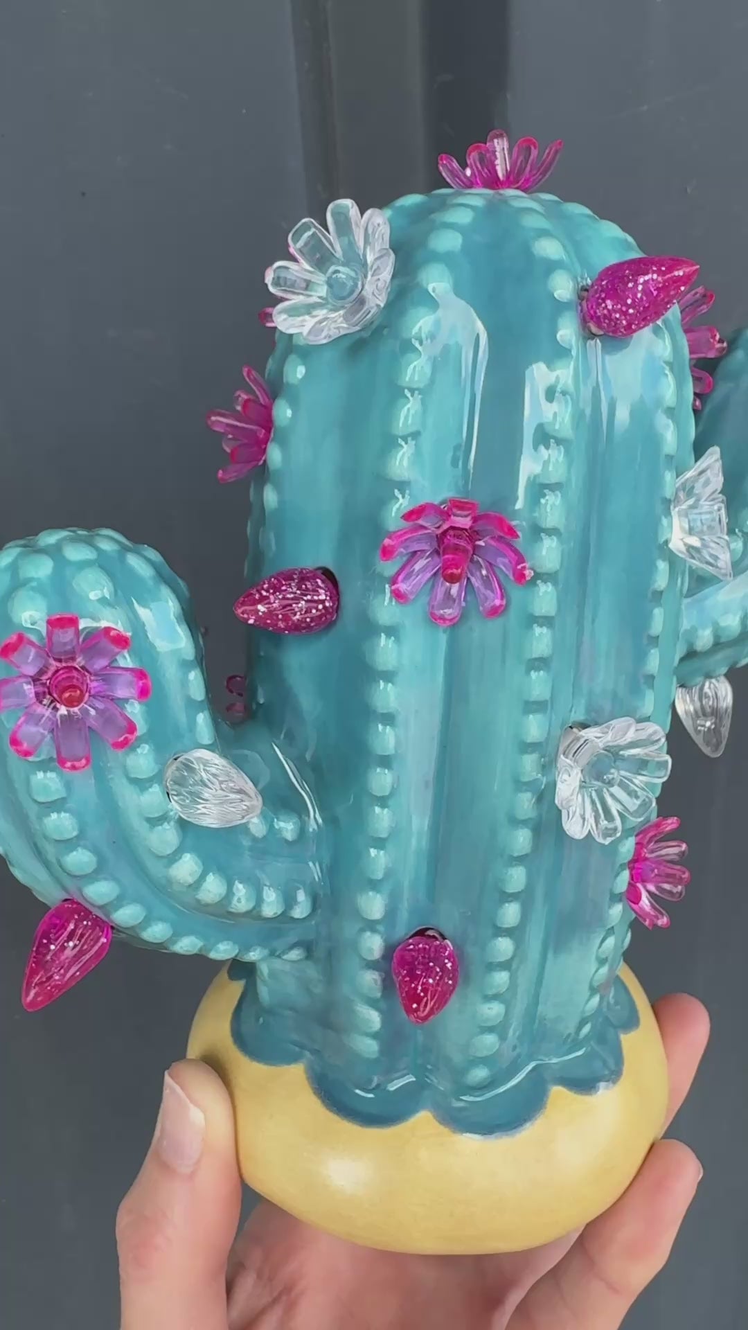 Load video: Teal Blue Baby Lighted Ceramic Cactus Tree
