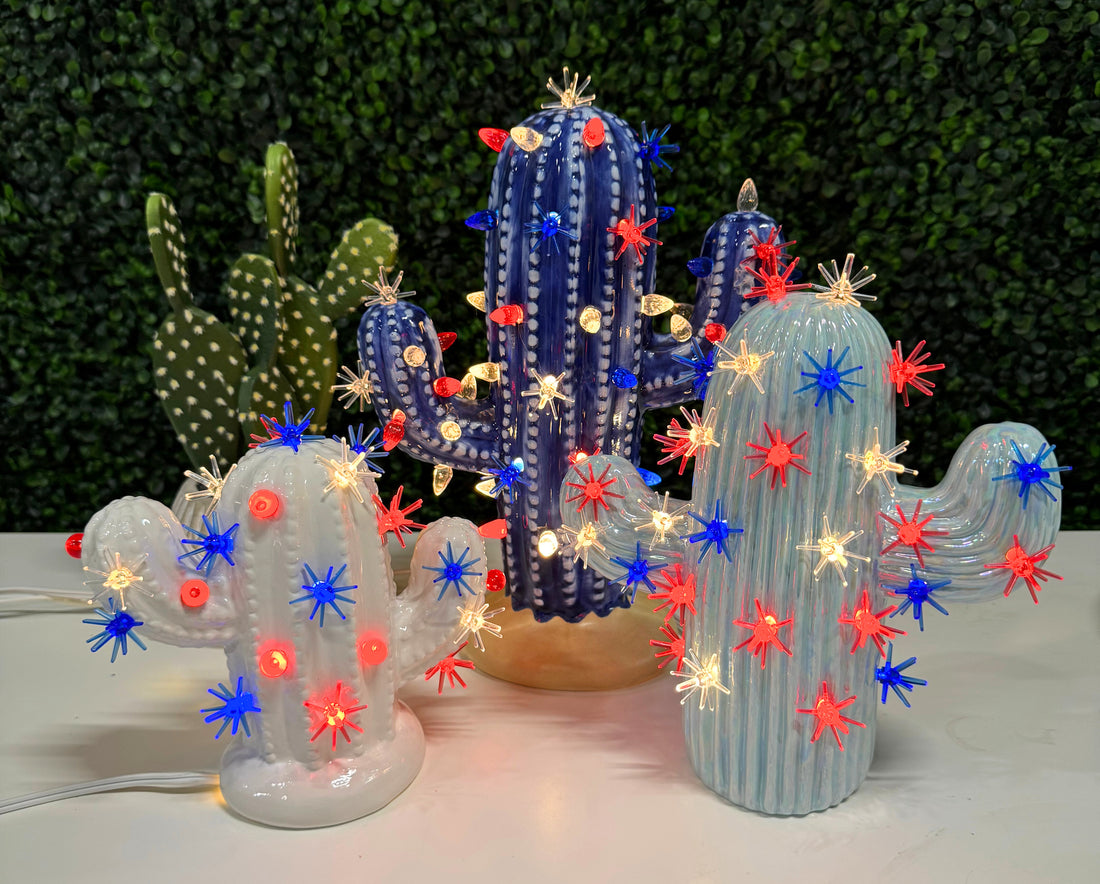 Fourth of July Patriotic Lighted Ceramic Cactus Trees