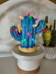 Denim Blue Small Lighted Ceramic Cactus Tree