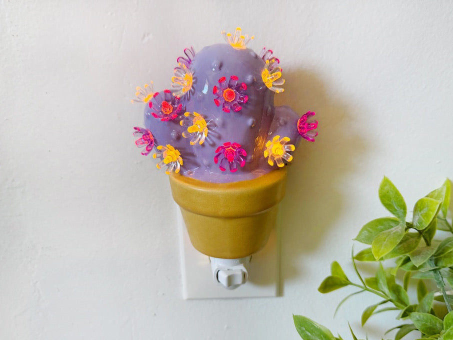 Lavender Cactus Night Light with lavender flower charms