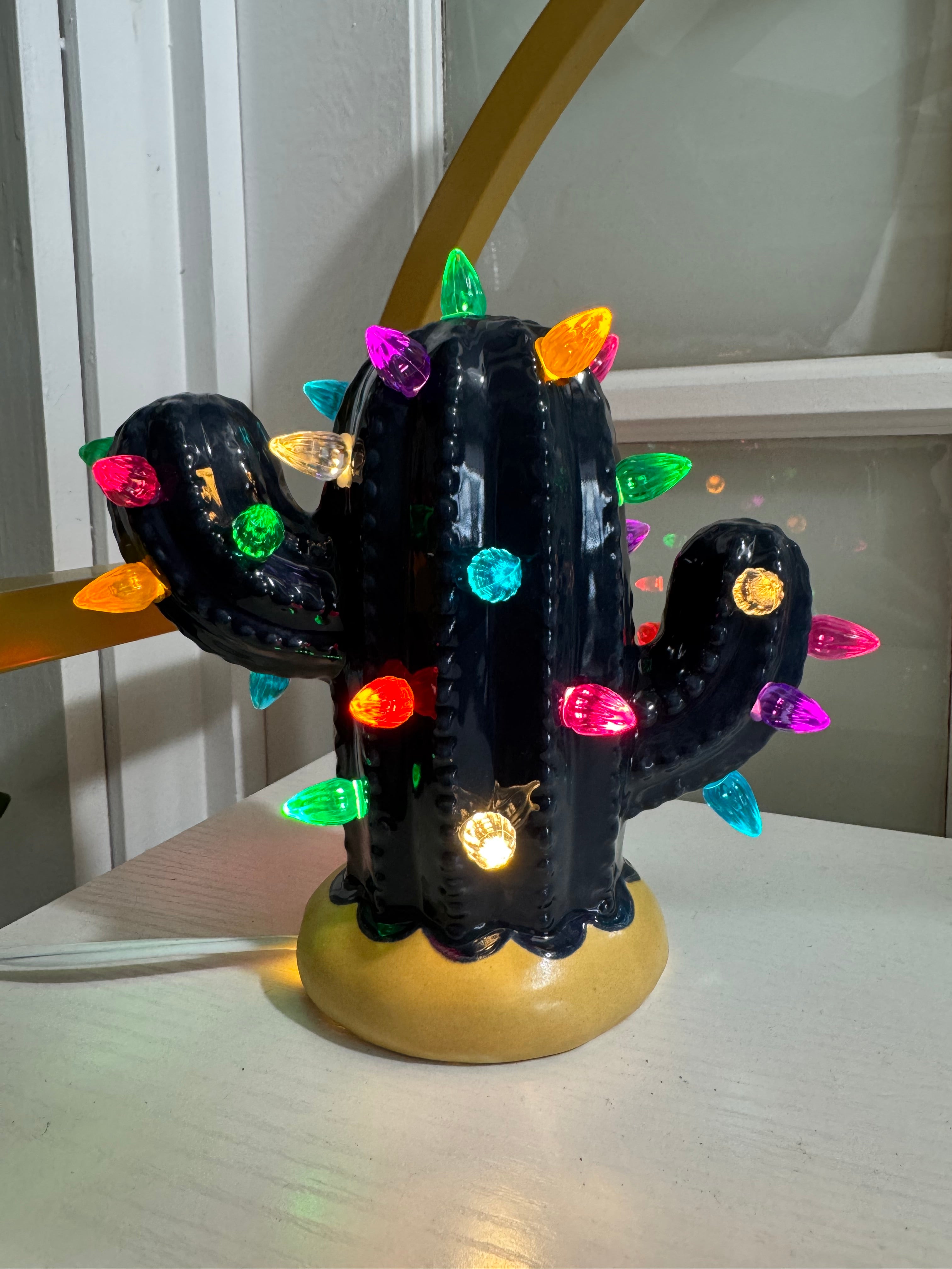 Navy Blue Lighted Ceramic Cactus Tree - Small