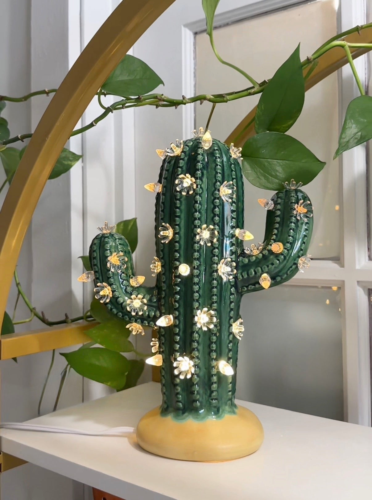 Dark Green Lighted Ceramic Cactus Tree