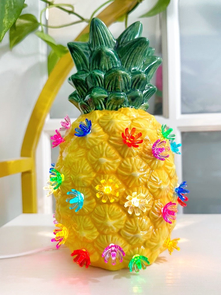 Bright Yellow Lighted Ceramic Pineapple