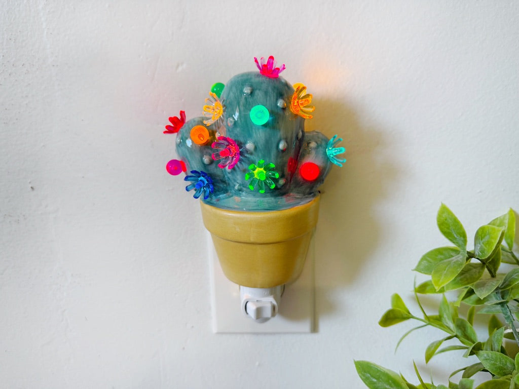 Blue Cactus Night Light with flower charms