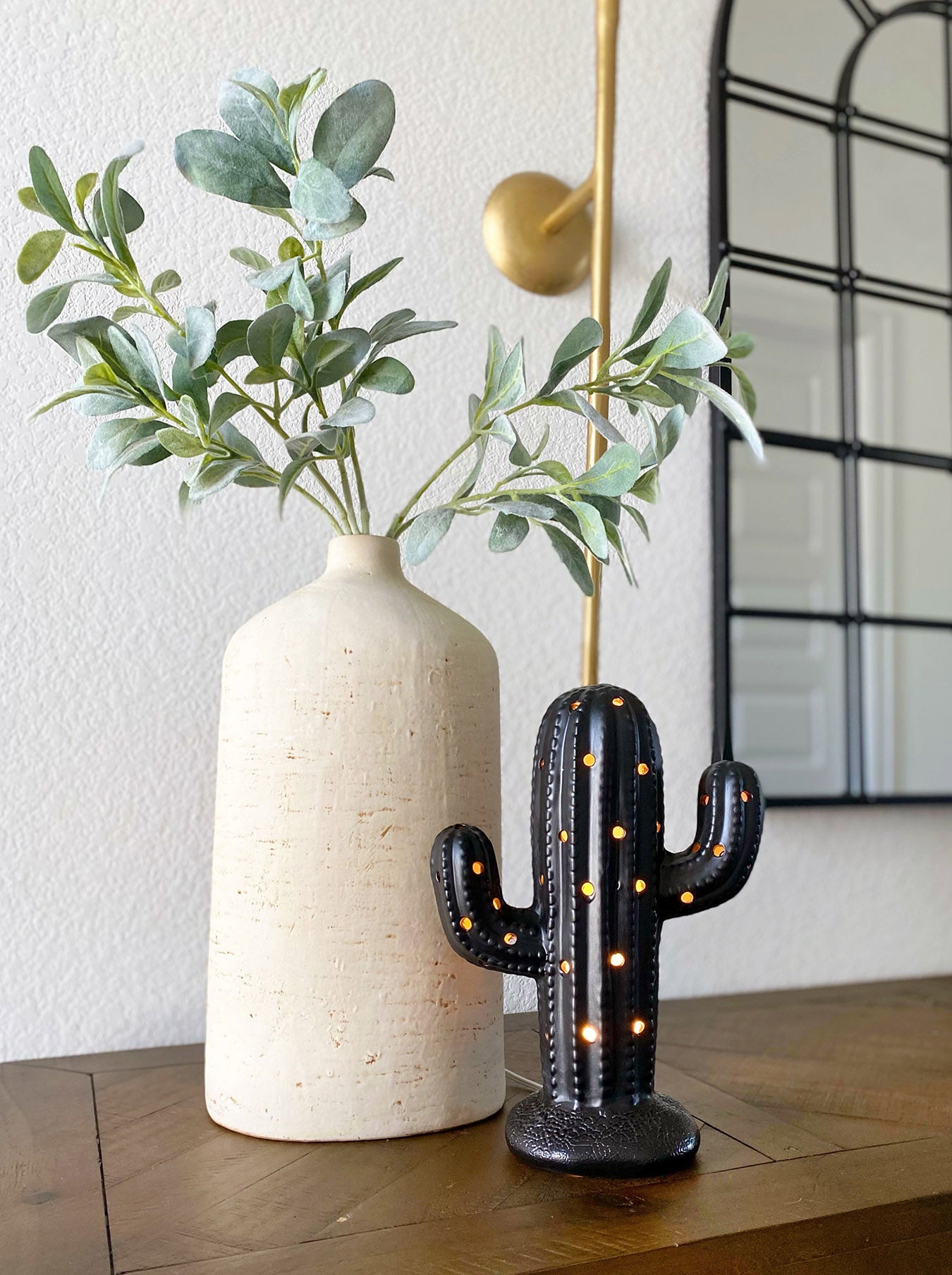 Black Matte Lighted Ceramic Cactus Tree