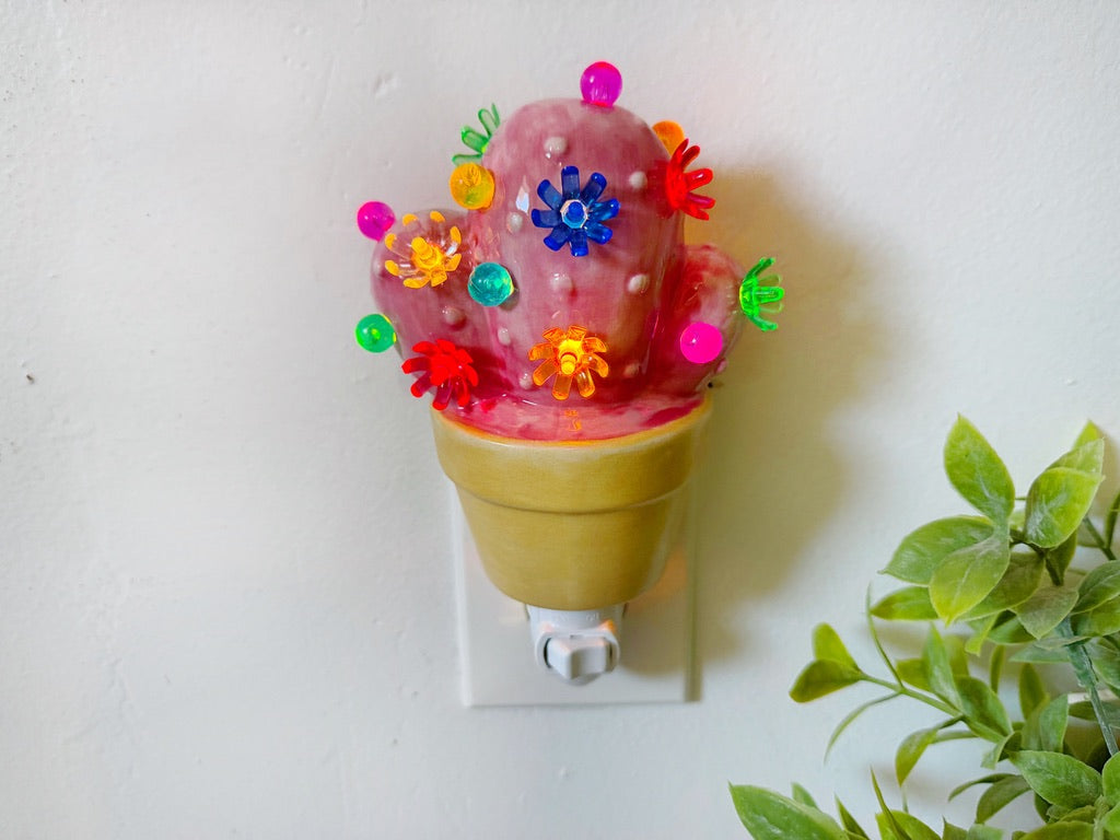 Pink Cactus Night Light with flowers