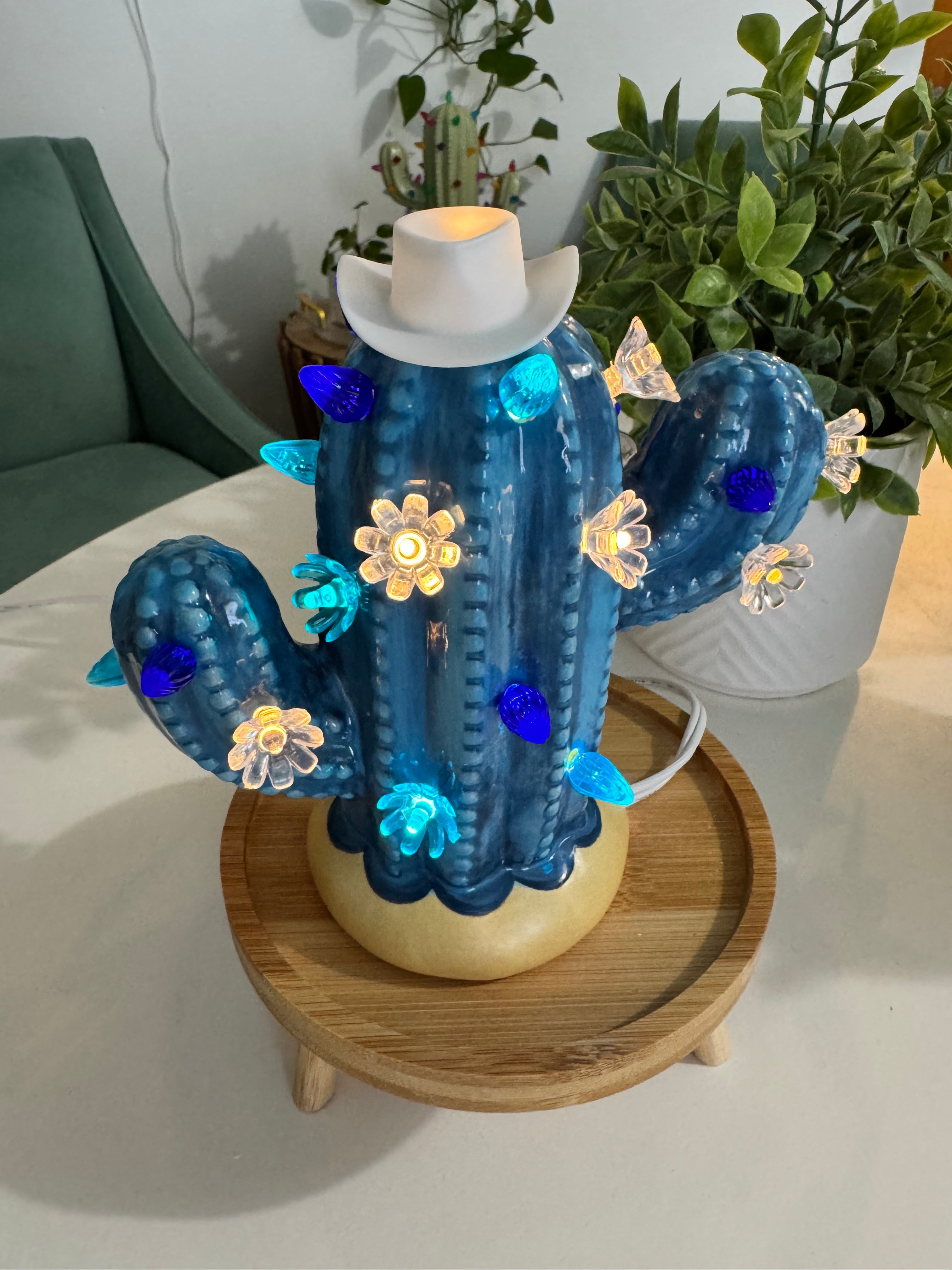 Denim Blue Baby Lighted Ceramic Cactus Tree