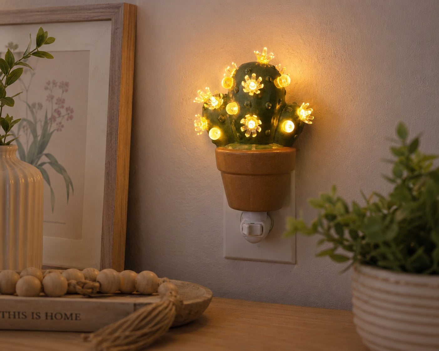 Sage Green Cactus Night Light - White flower set