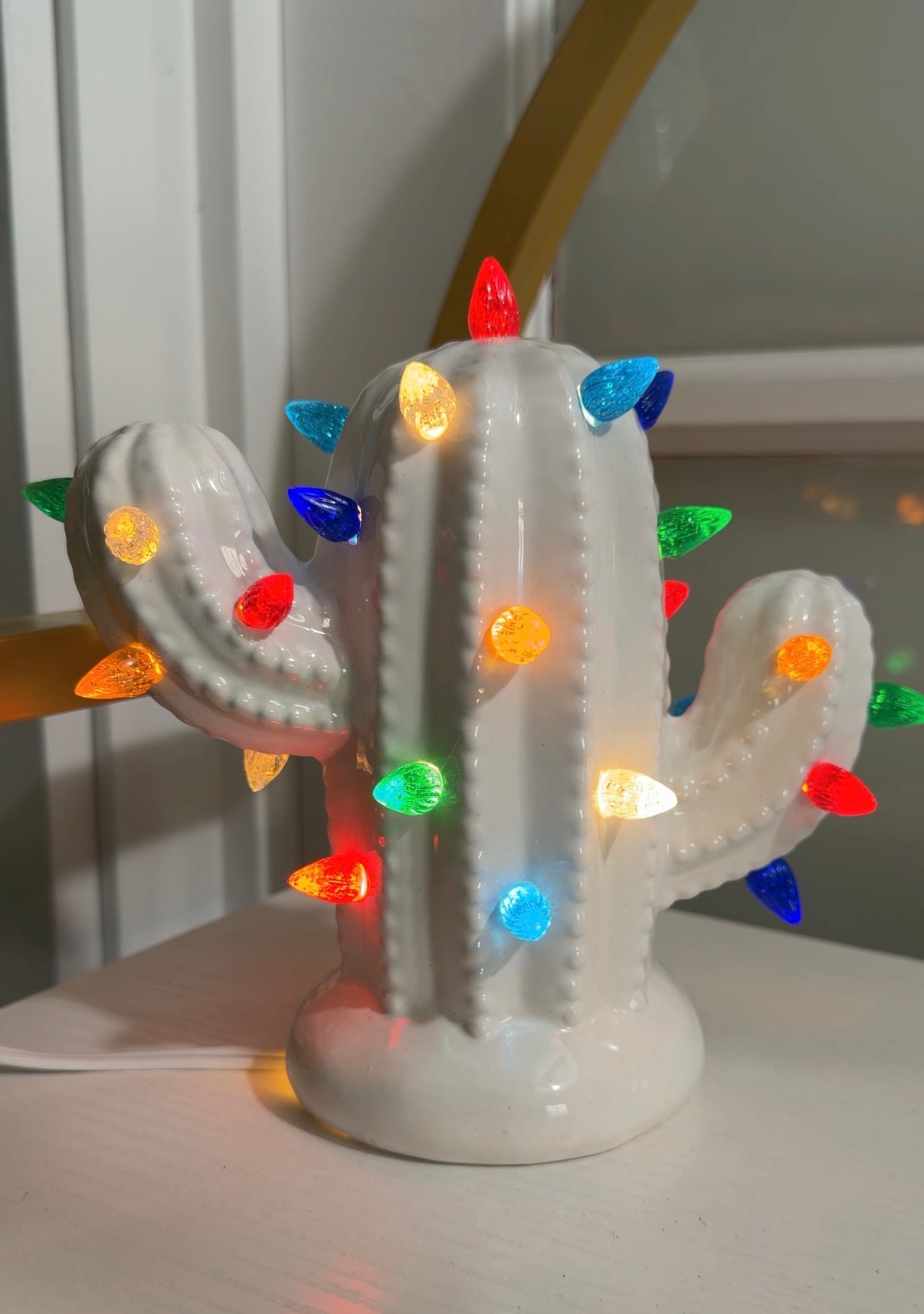 White Small Lighted Ceramic Cactus Tree