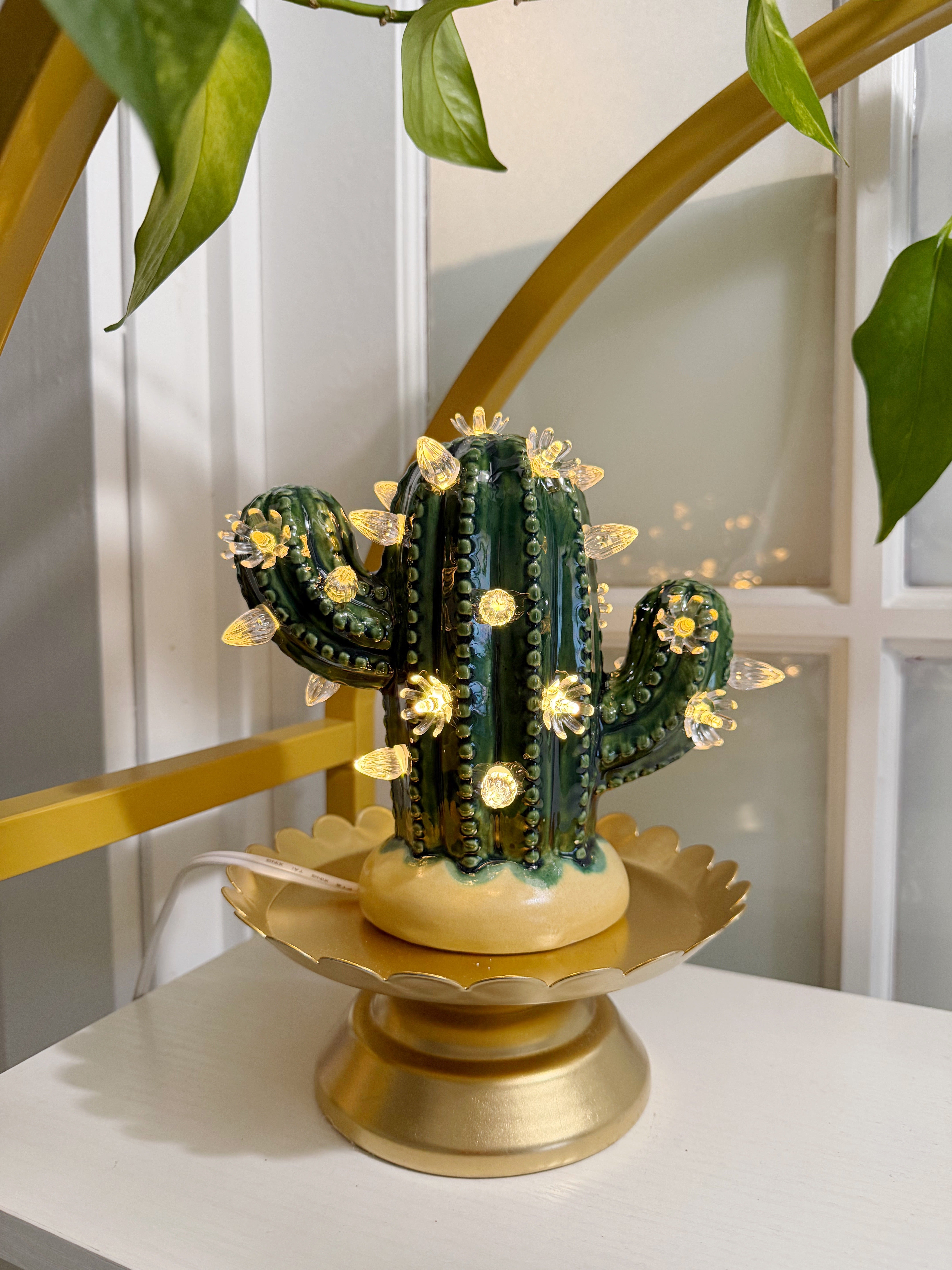 Dark Green Small Lighted Cactus Tree – Brush Strokes Pottery