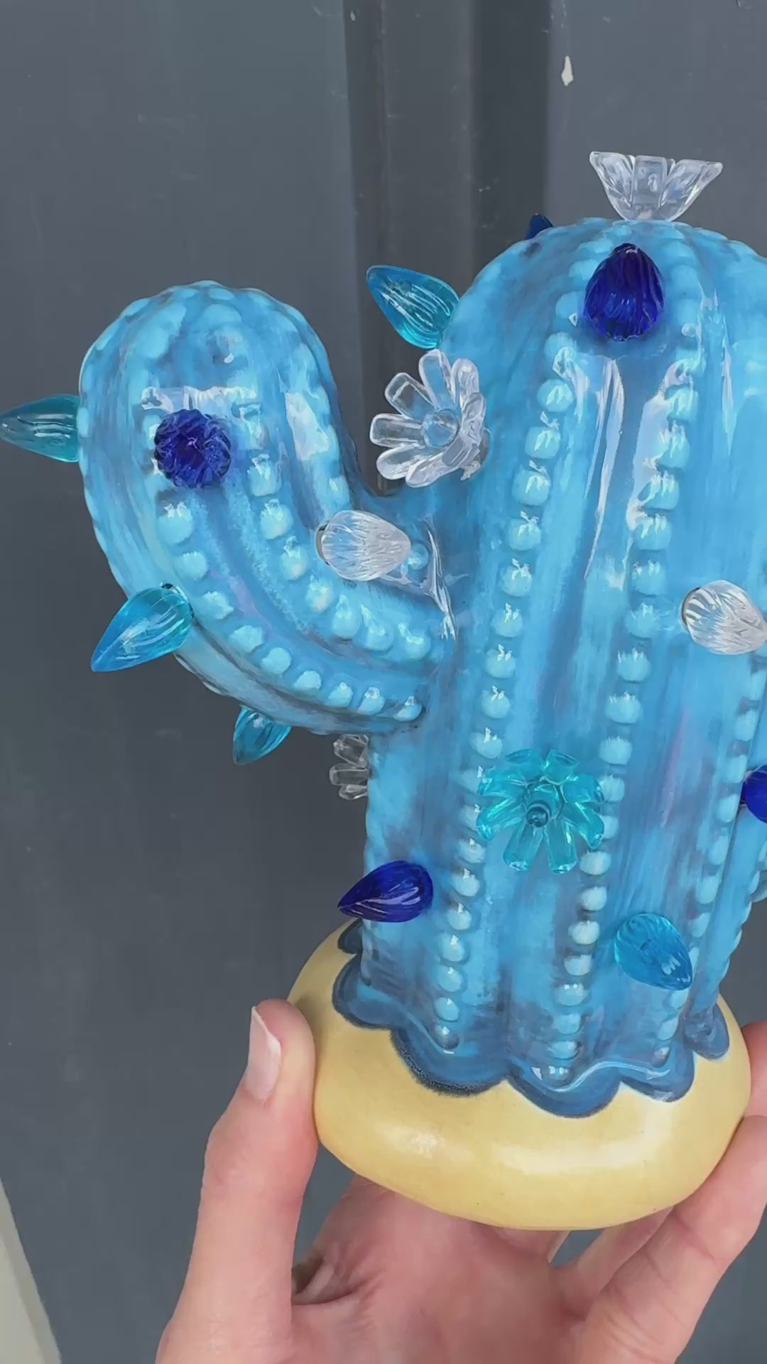 Load video: Denim Blue Baby Lighted Ceramic Cactus Tree