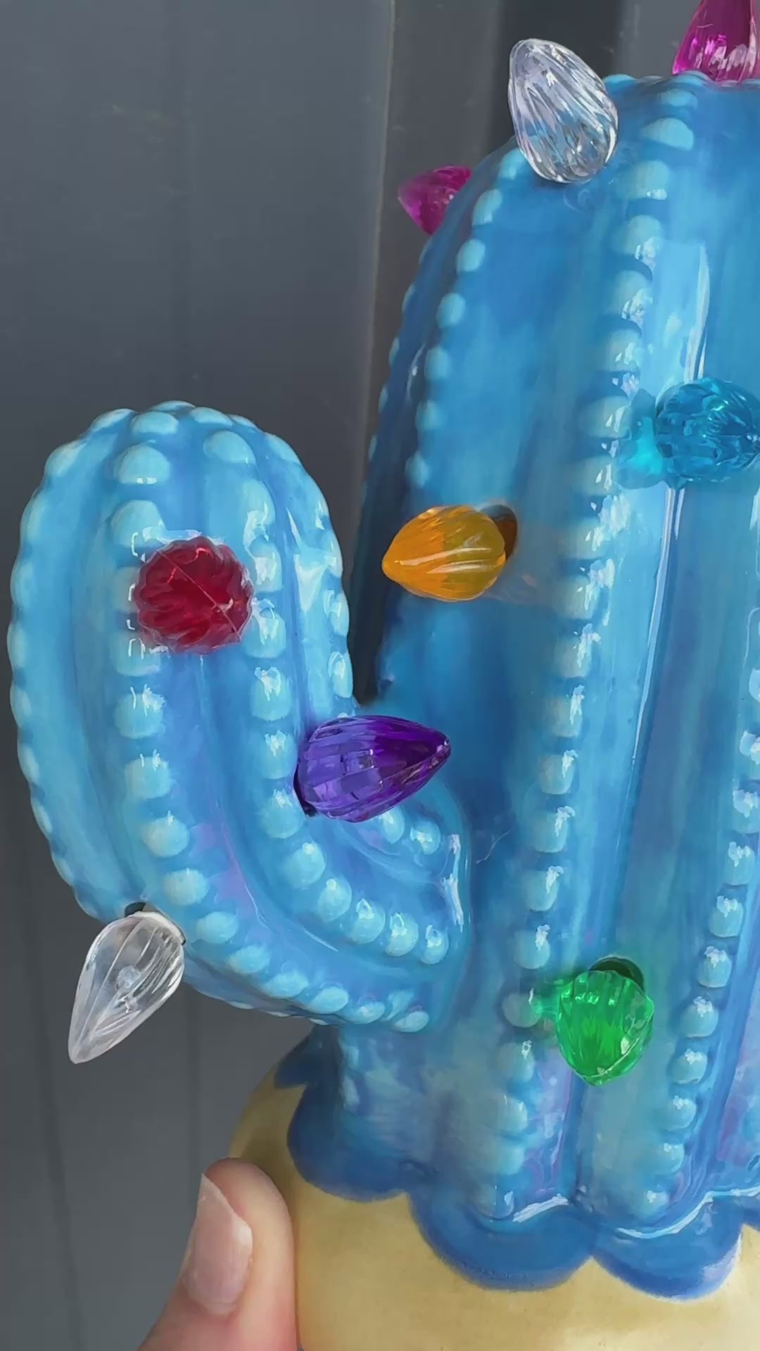 Load video: Bright Blue Baby Lighted Ceramic Cactus Tree