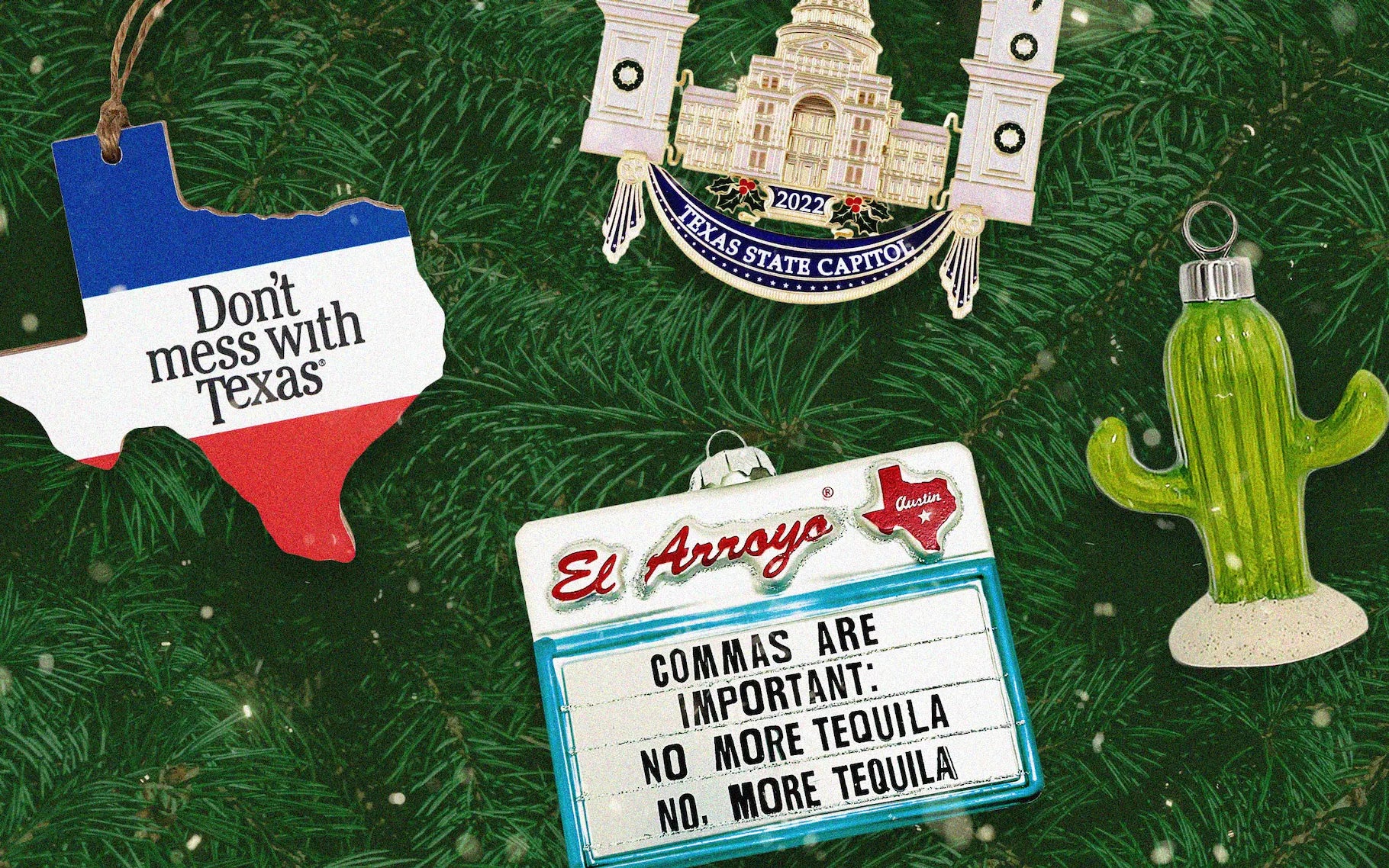 Texas Monthly collage of ornaments including our cactus ornament