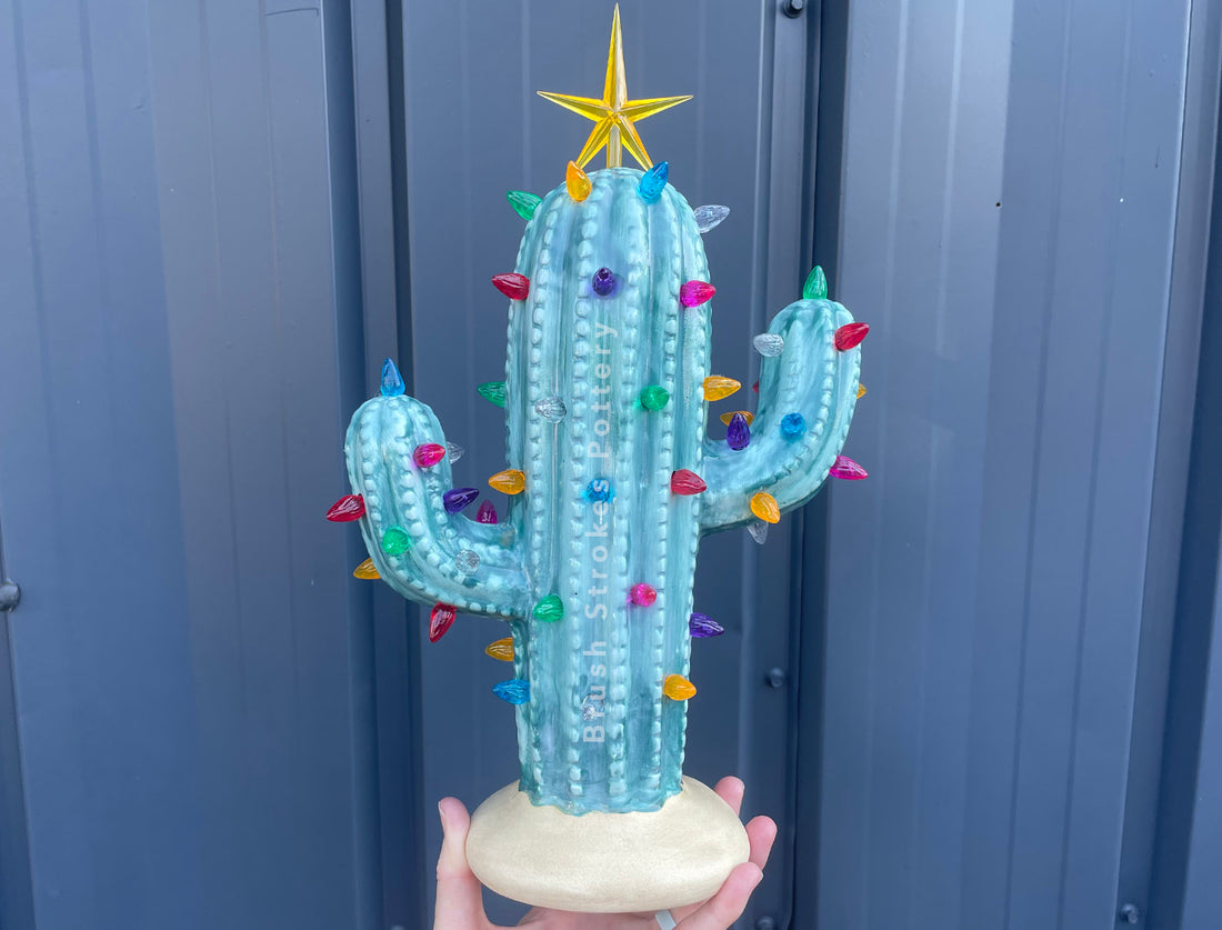 Blue Lighted Ceramic Cactus Tree – Brush Strokes Pottery