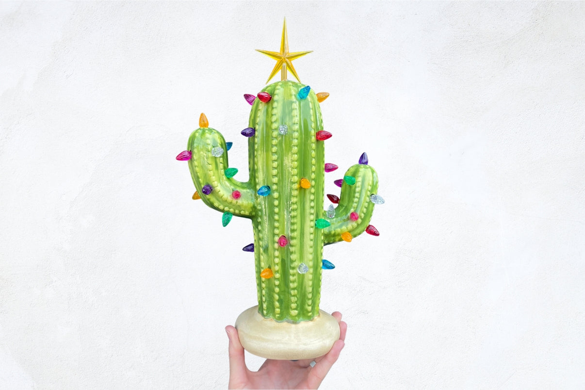 Lighted Ceramic Cactus Tree Brush Strokes Pottery