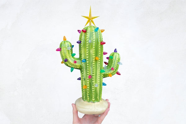 Green Lighted Ceramic Cactus Tree – Brush Strokes Pottery
