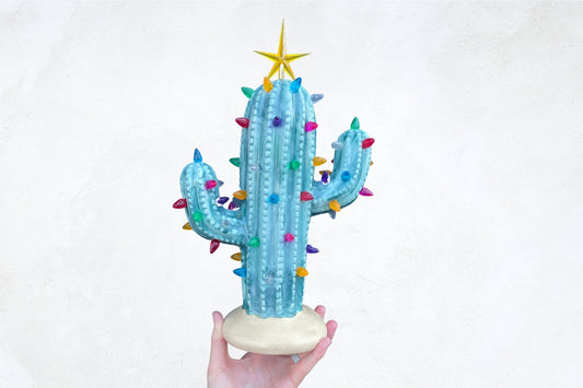 Blue Lighted Ceramic Cactus Tree