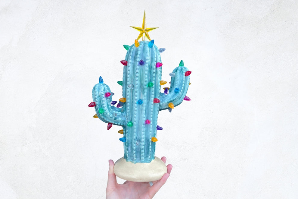 Blue Lighted Ceramic Cactus Tree Brush Strokes Pottery