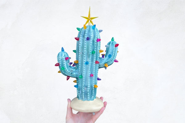 Blue Lighted Ceramic Cactus Tree – Brush Strokes Pottery