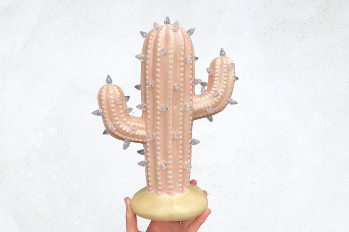 Blush Lighted Ceramic Cactus Tree Brush Strokes Pottery