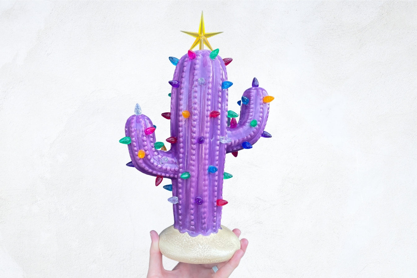 Purple Lighted Ceramic Cactus Tree Brush Strokes Pottery