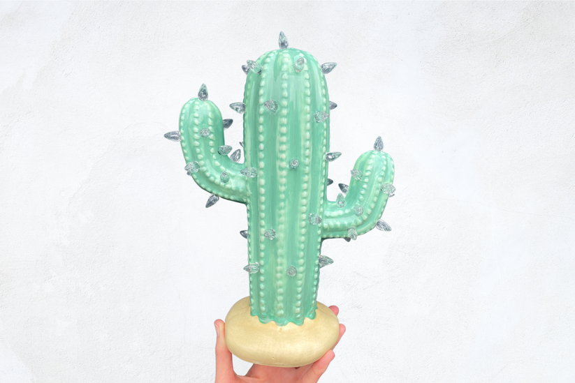 Mint Green Lighted Ceramic Cactus Tree Brush Strokes Pottery